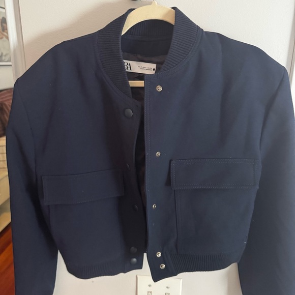 ZARA Padded Shoulder Bomber Jacket Women Crop Coat - Navy - Picture 3 of 5